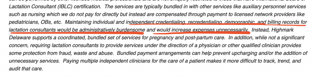 Text of a response from Highmark with a line underlined in red stating that credentialing lactation consultants would increase expenses unnecessarily.